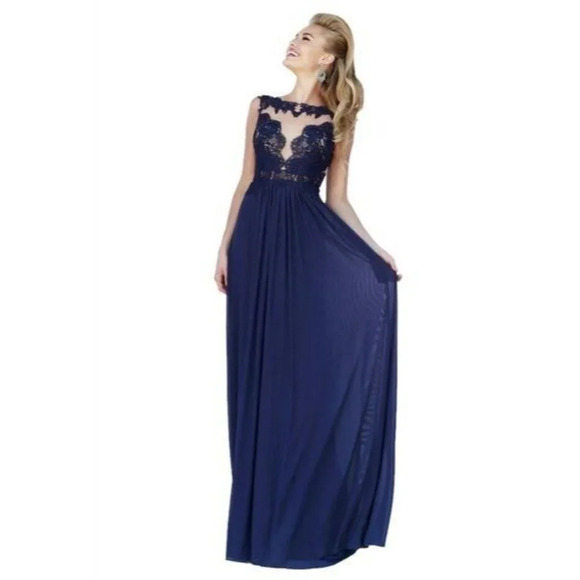 Sherri Hill Navy Blue Lace Illusion Open Back Formal Gown $298 - Picture 3 of 14